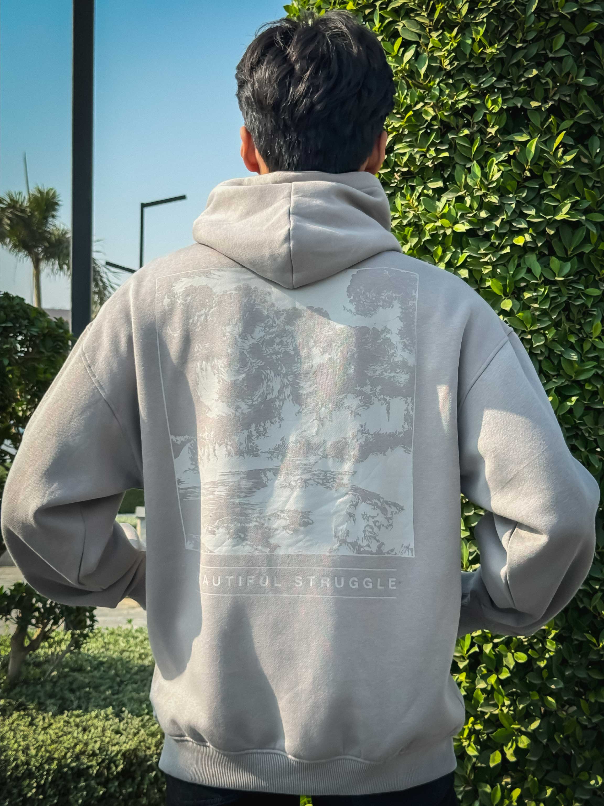 DOWN SHOULDER LIGHT GREY PRINTED HOODIE