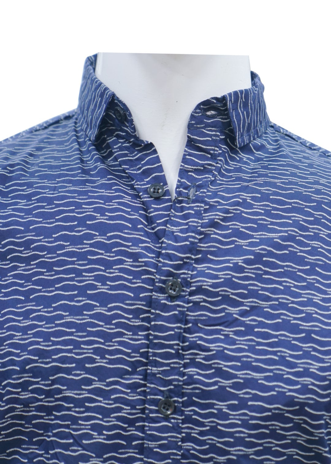 Men's Casual Navy Blue Shirt with White Wavy Pattern