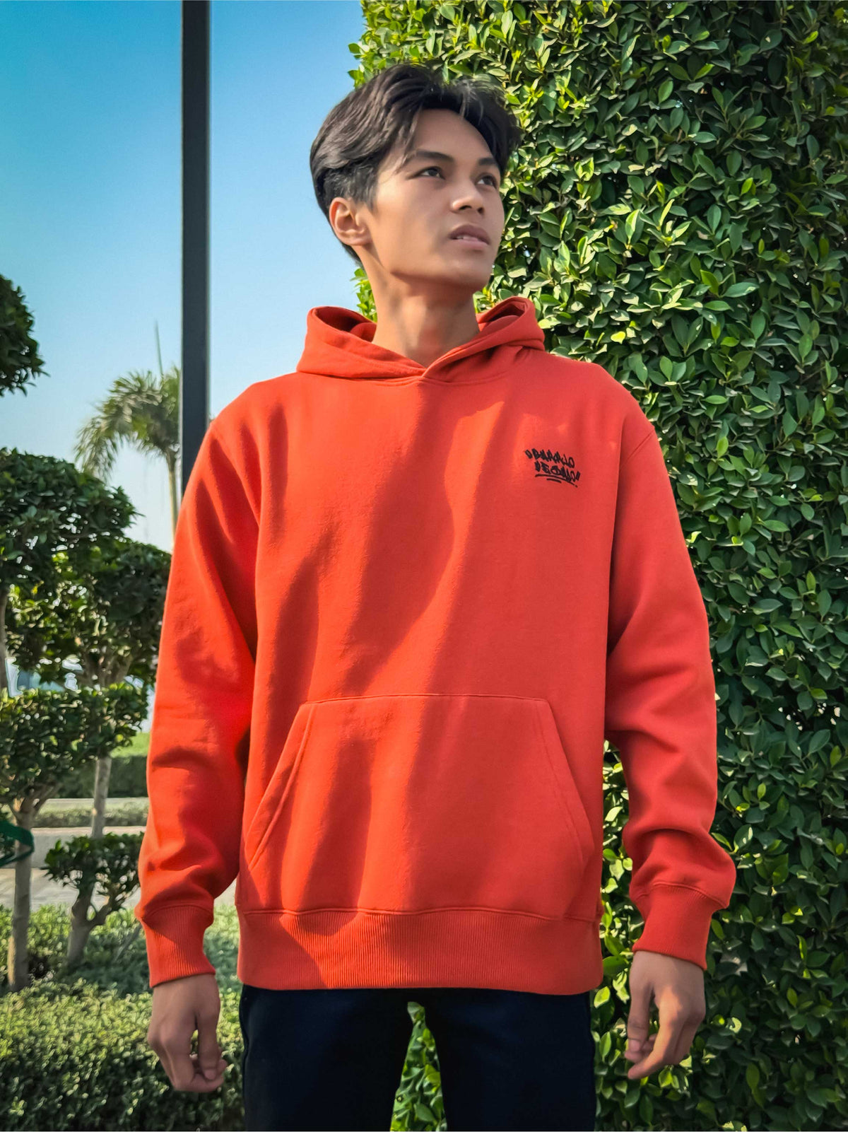 DOWN SHOULDER ORANGE PRINTED HOODIE