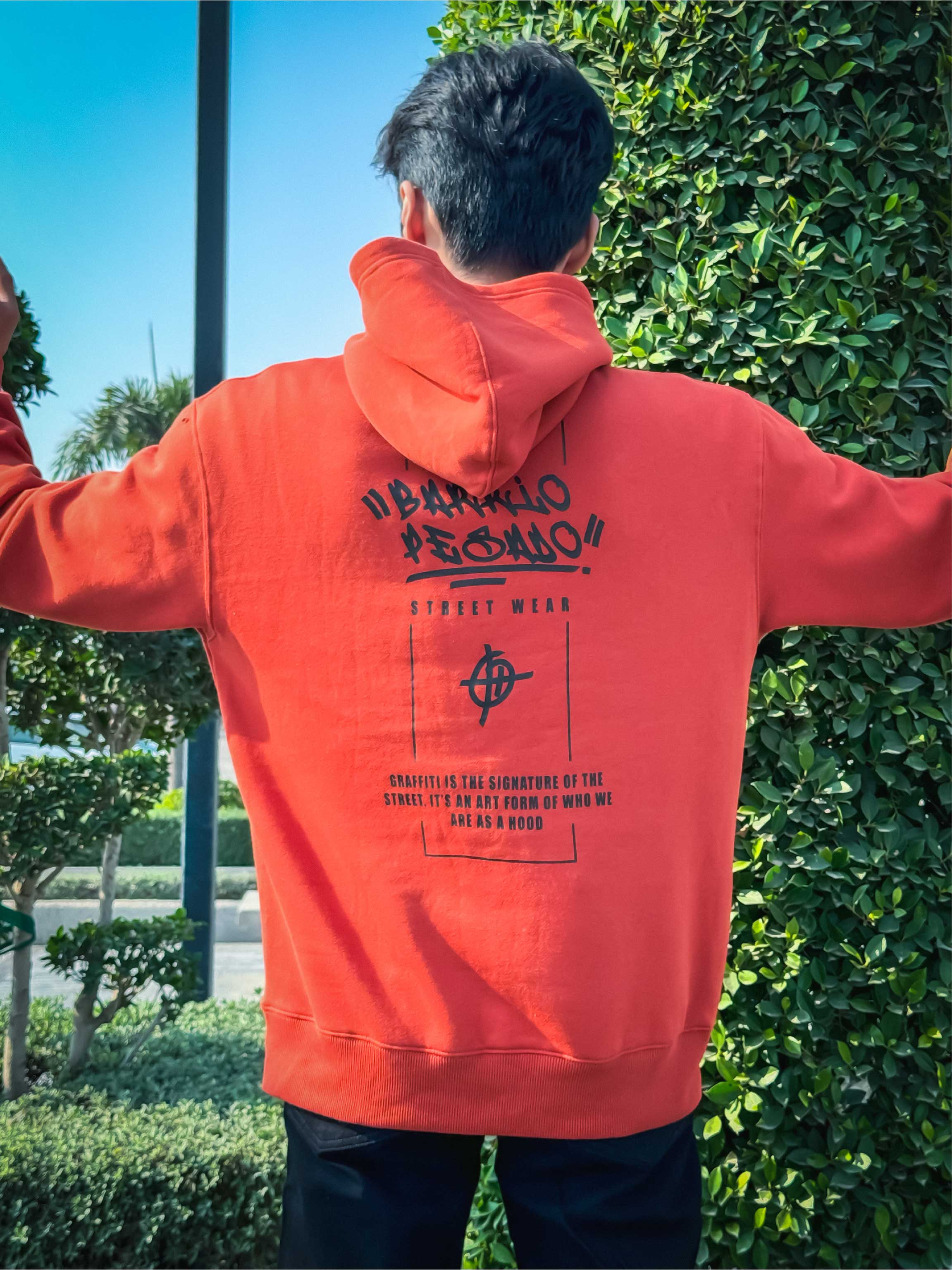 DOWN SHOULDER ORANGE PRINTED HOODIE