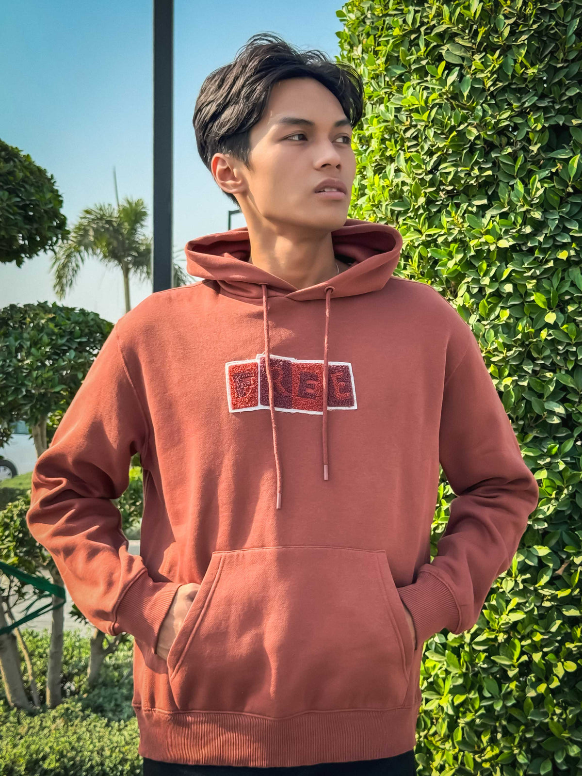 DOWN SHOULDER MOOKUP DESIGN HOODIE FOR MEN