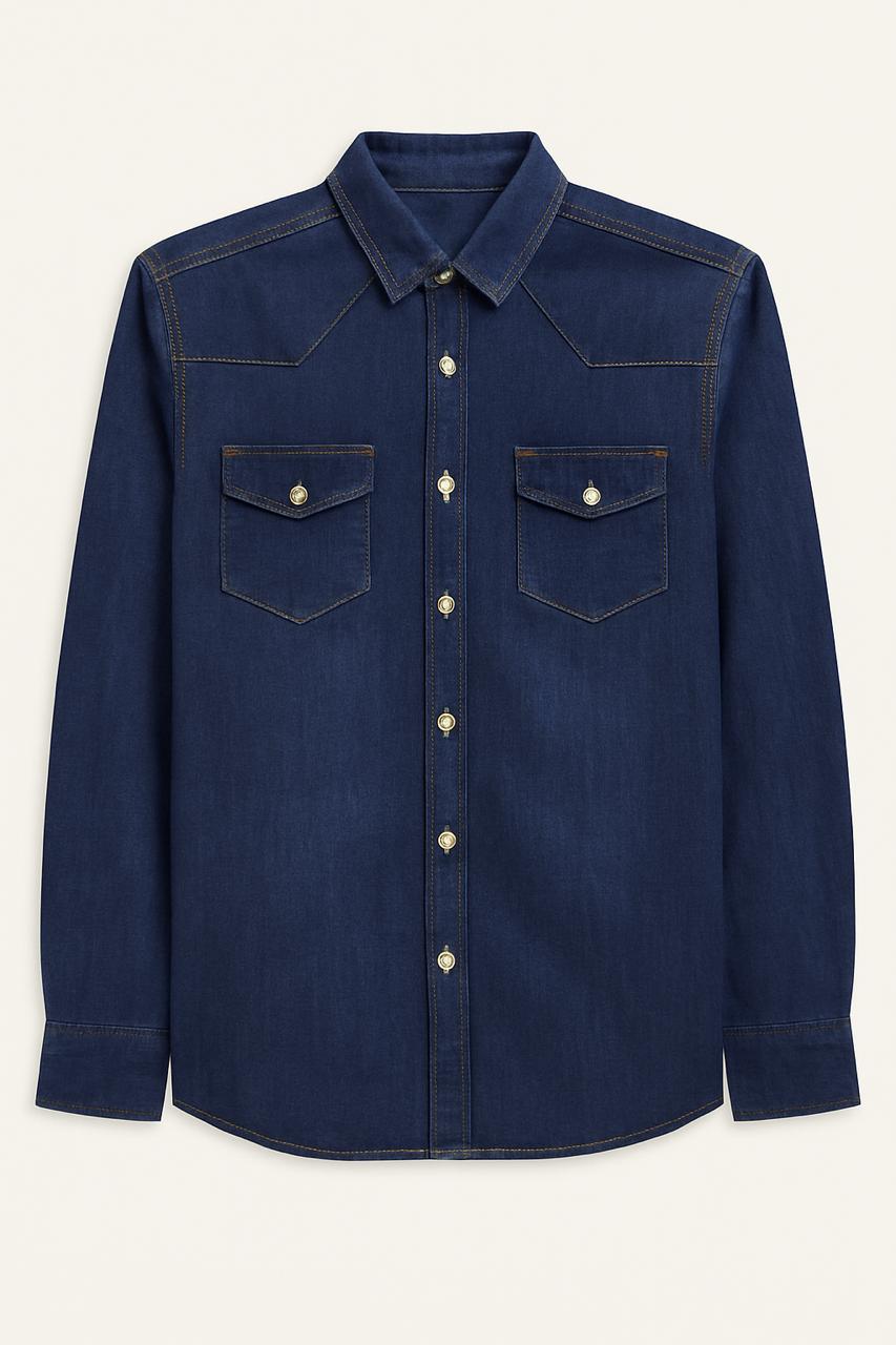 Dark Blue Denim Shirt with Contrast Stitching
